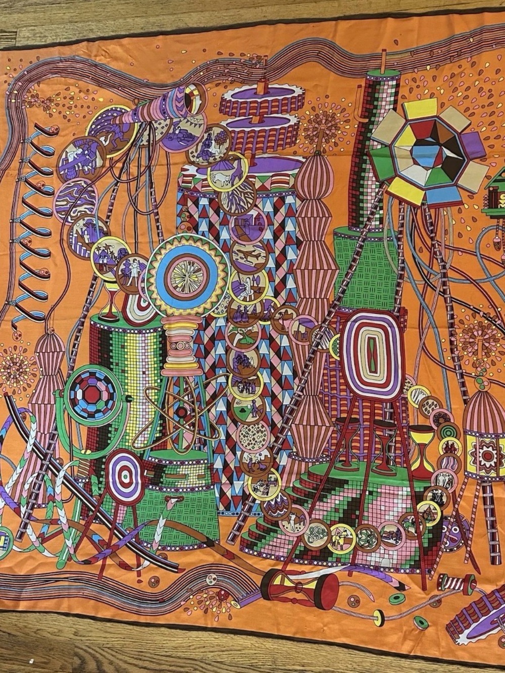 Hermès Le Laboratoire du Temps silk scarf designed by Pierre Marie cityscape 140